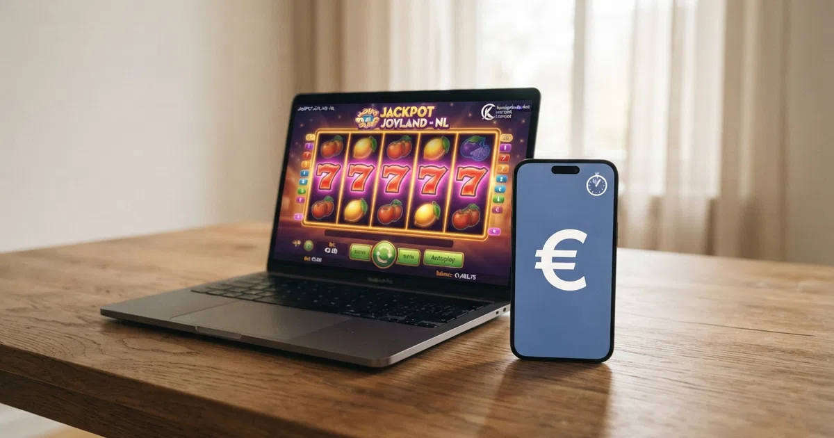 Een smartphone en laptop met daarop de interfaces van Nederlandse online casino's, met een klok die 24/7 beschikbaarheid aangeeft