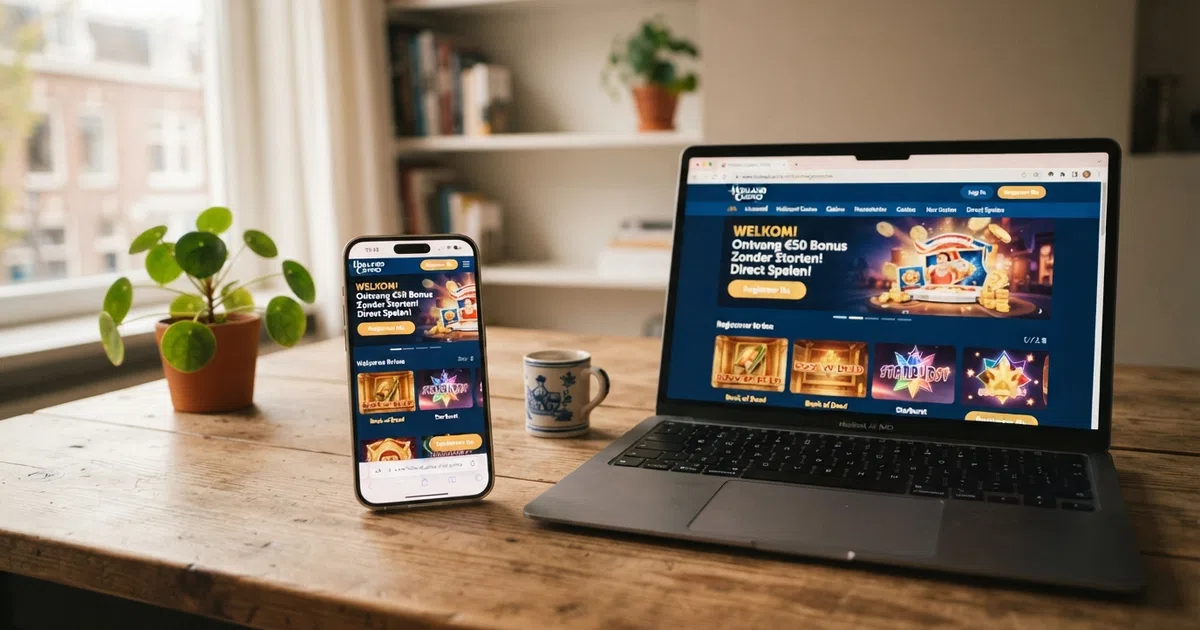 Een smartphone en laptop met daarop de homepage van een online casino en een melding van vijf euro gratis speelgeld