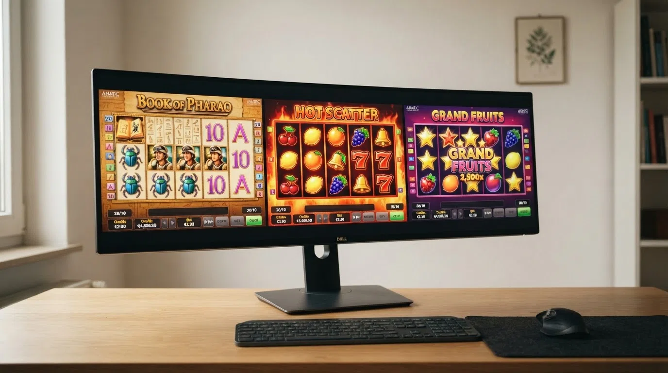 Drie Amatic-gokkasten naast elkaar op een desktopscherm: Book of Aztec, Lucky Joker 20 en Hot Scatter, met hun 5×3-grids en vruchten- en boekenthema's