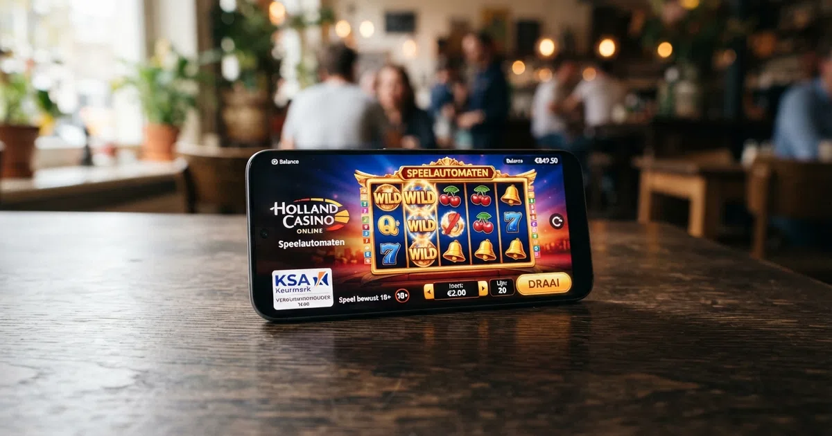 Een Android-telefoon met daarop een geopende casino-app met een spel op het scherm en het KSA-keurmerk zichtbaar in de interface