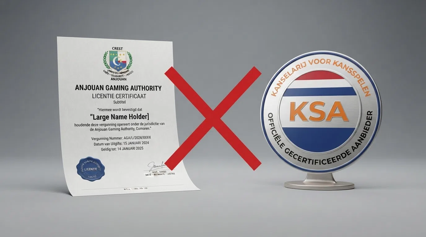 Een zij-aan-zij-vergelijking van het Anjouan-licentiecertificaat en het KSA-keurmerk, met een rood kruis ertussen