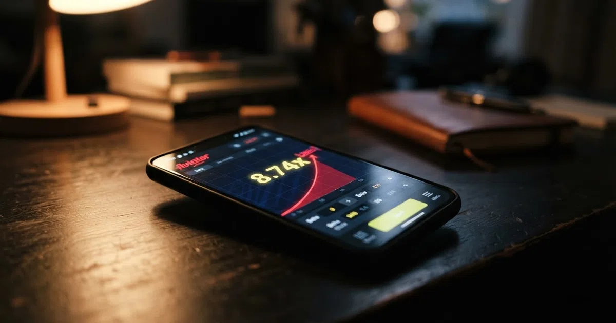 Een grafische weergave van de Aviator-spelinterface met de stijgende multipliercurve en het vliegtuigje dat wegvliegt, op een donker scherm met inzetopties zichtbaar