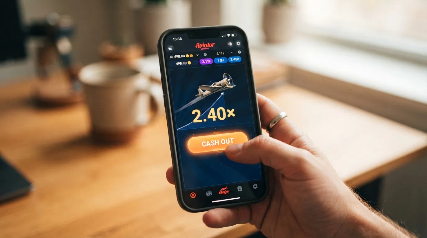 Een close-up van de Aviator cash-outknop met de huidige multiplier-waarde in beeld, tijdens een lopende ronde
