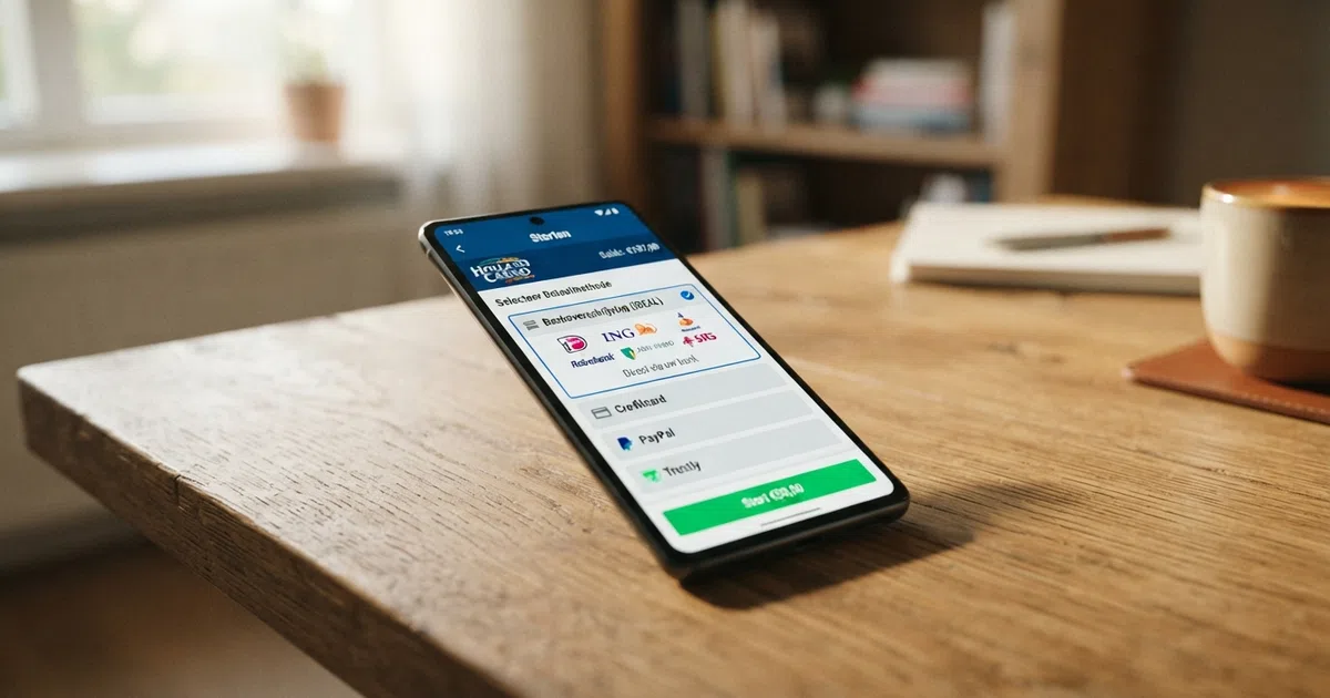 Een smartphone met het scherm van een Nederlandse online casino-kassa, waarin de optie bankoverschrijving is geselecteerd naast iDEAL en Trustly