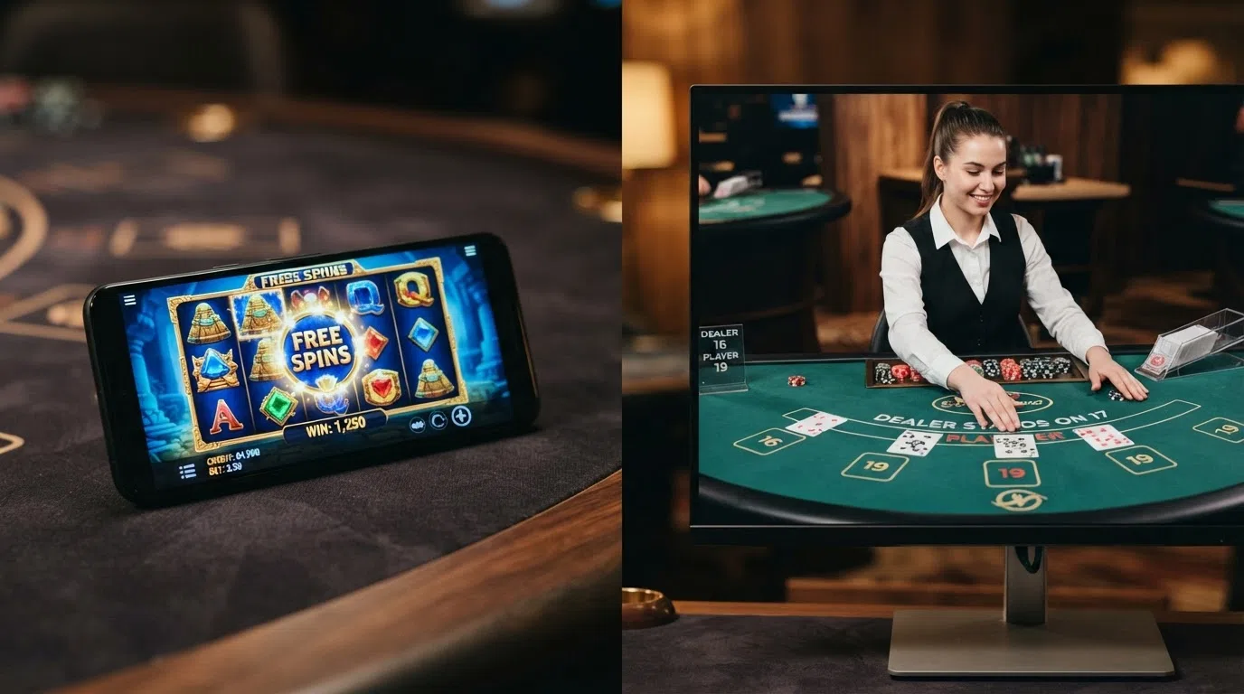 Een split-screen met links een rij kleurrijke online slots van Pragmatic Play en NetEnt, rechts een live blackjack-tafel met dealer — het Bitcoin Cash-logo in de hoek van elk scherm
