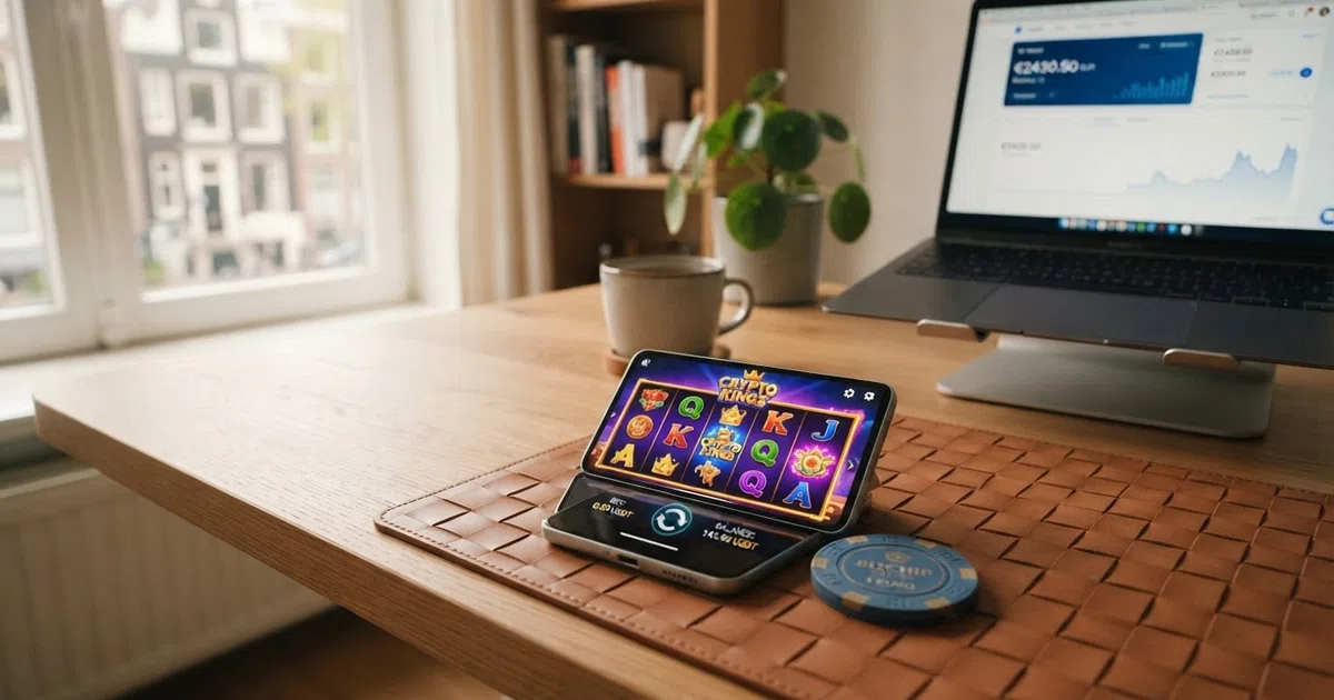 Een overzicht van de logo's en interfaces van meerdere bitcoin casino-platforms op een desktop- en mobiel scherm