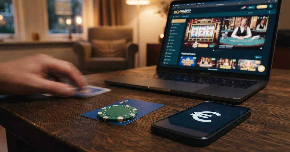 Bitcoin Cash-munten op een groene casinotafel met speelkaarten, pokerfiches en een laptopscherm waarop een BCH-casinopagina zichtbaar is