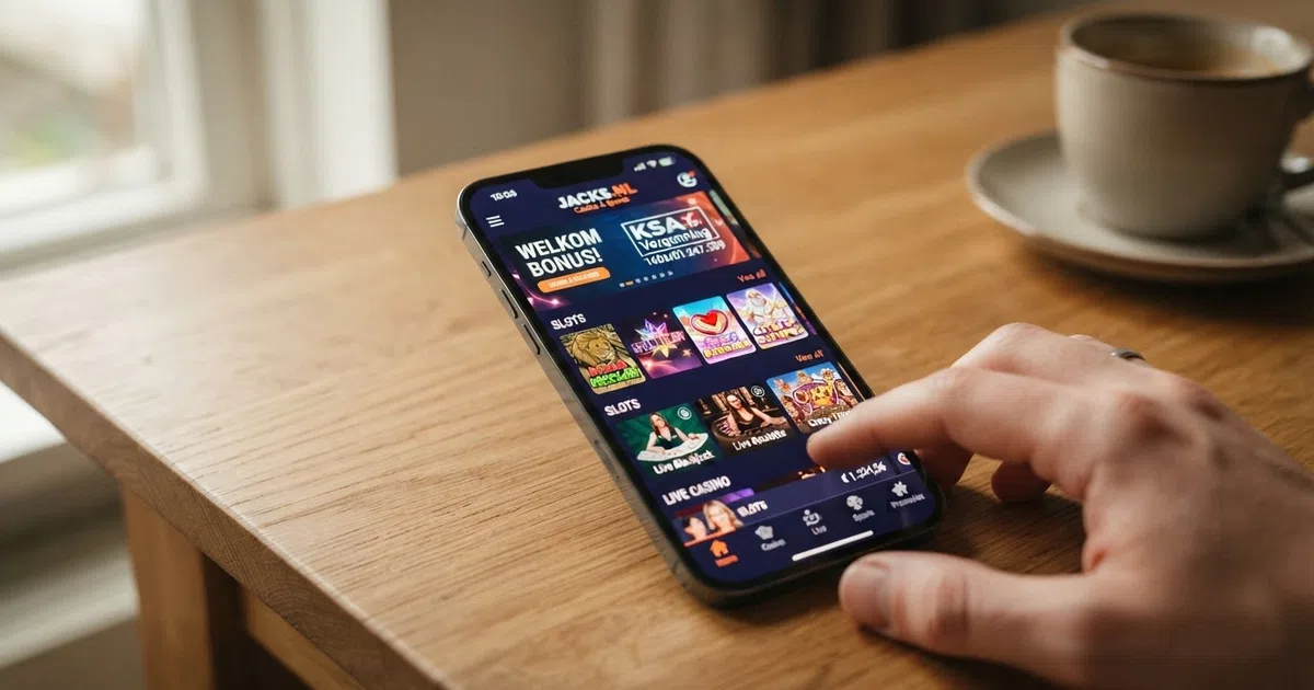 Een smartphone met het startscherm van een Nederlandse casino app waarop het KSA-keurmerk en het spelaanbod zichtbaar zijn