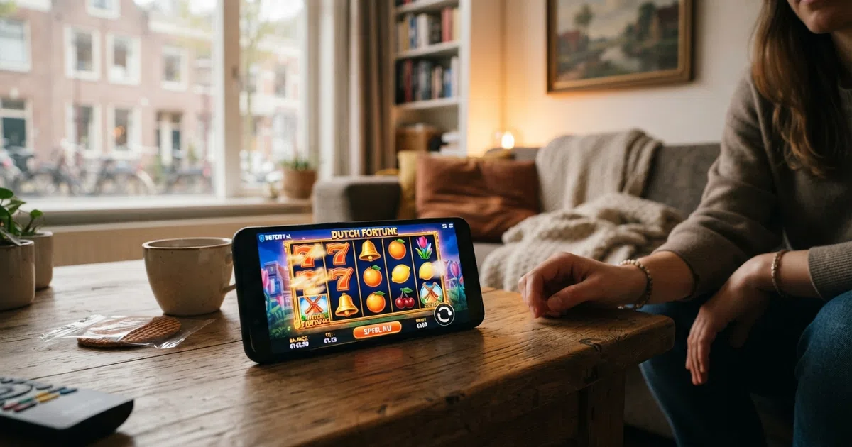 Een close-up van een online casino-spelscherm met zichtbare inzet, saldo en een draaiende gokkast in het Nederlands
