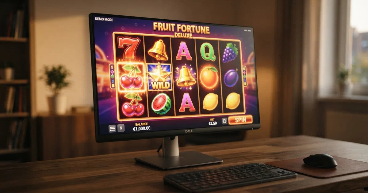 Een raster van kleurrijke gokkastrollen in een demo-spel, zonder inlogscherm of stortingsknop