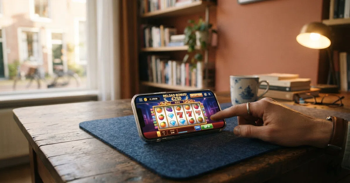 Een speler opent een reload bonus-promotie op zijn smartphone met het logo van een Nederlands online casino zichtbaar op het scherm