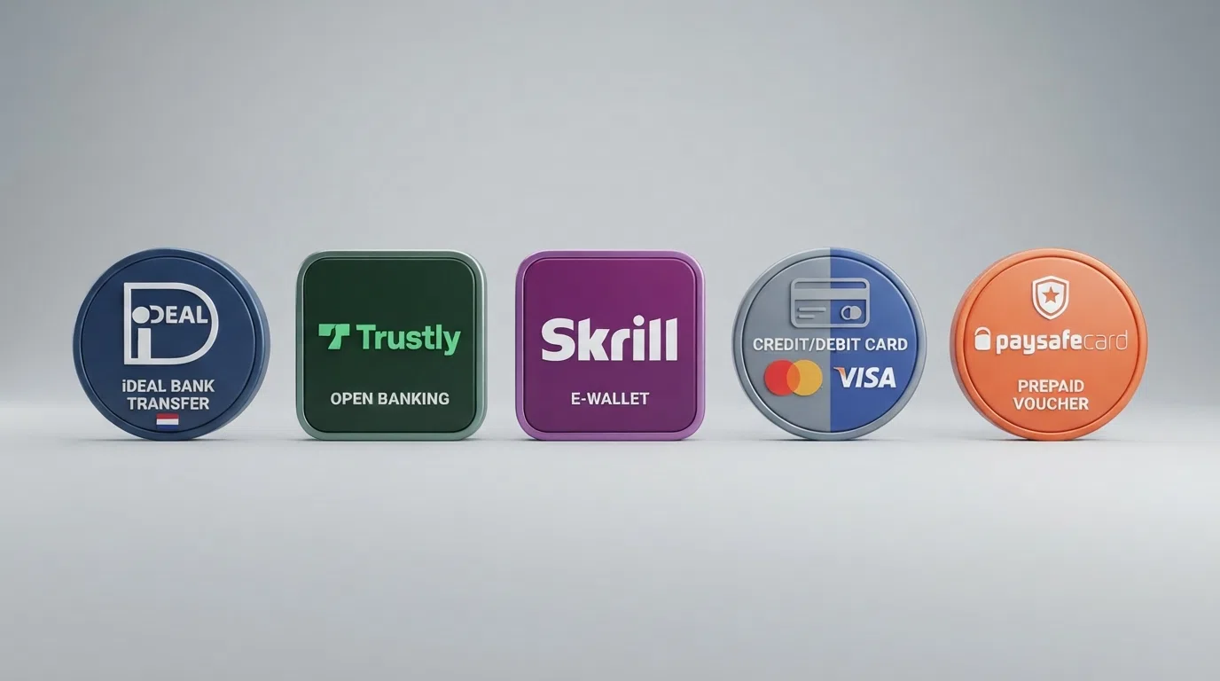 Een rij betaalmethode-iconen met iDEAL, Trustly, Skrill, Neteller, PayPal, Visa, Mastercard en Paysafecard