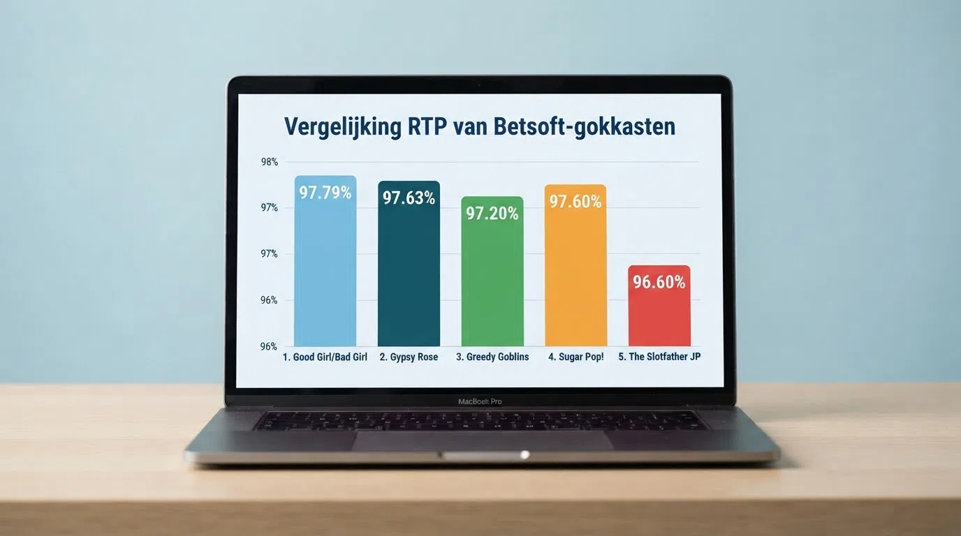 Vijf Betsoft-gokkasten gerangschikt op uitbetalingspercentage, met naam, RTP-cijfer en volatiliteit