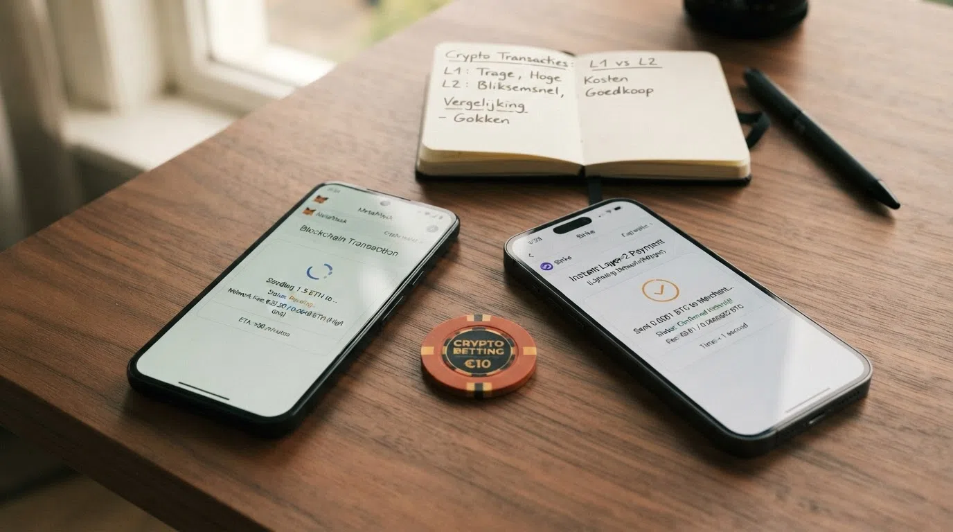 Een visuele vergelijking van een on-chain Bitcoin-transactie (trage bloktijd) naast een Lightning Network-transactie (direct) met fees en tijdsduur