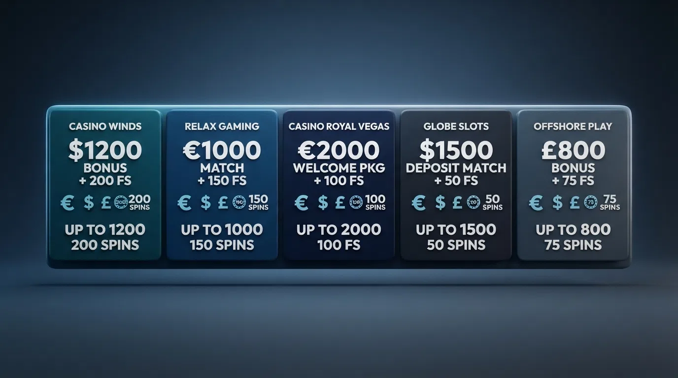 Een vergelijkend overzicht van casino-bonussen met verschillende valuta-symbolen, percentages en free-spins-aantallen naast elkaar