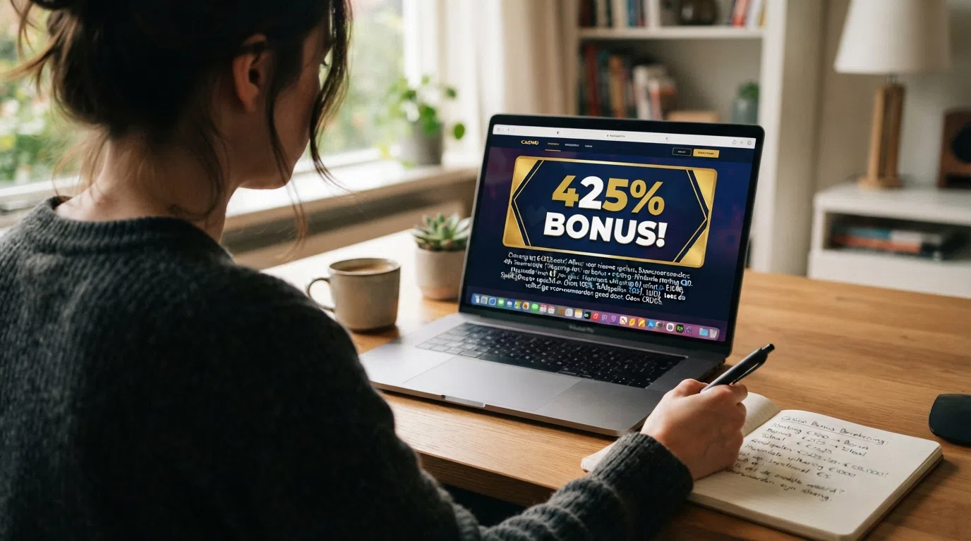 Een close-up van bonusvoorwaarden in kleine letters met een rekenmachine ernaast, contrasterend met een groot “425% BONUS”-banner