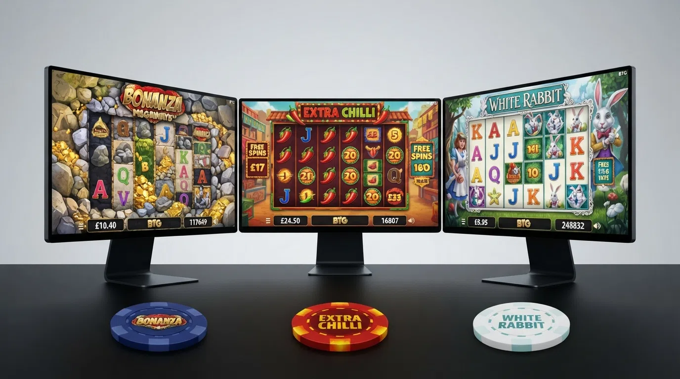 De spelinterfaces van Bonanza Megaways, Extra Chilli en White Rabbit naast elkaar op een desktopscherm