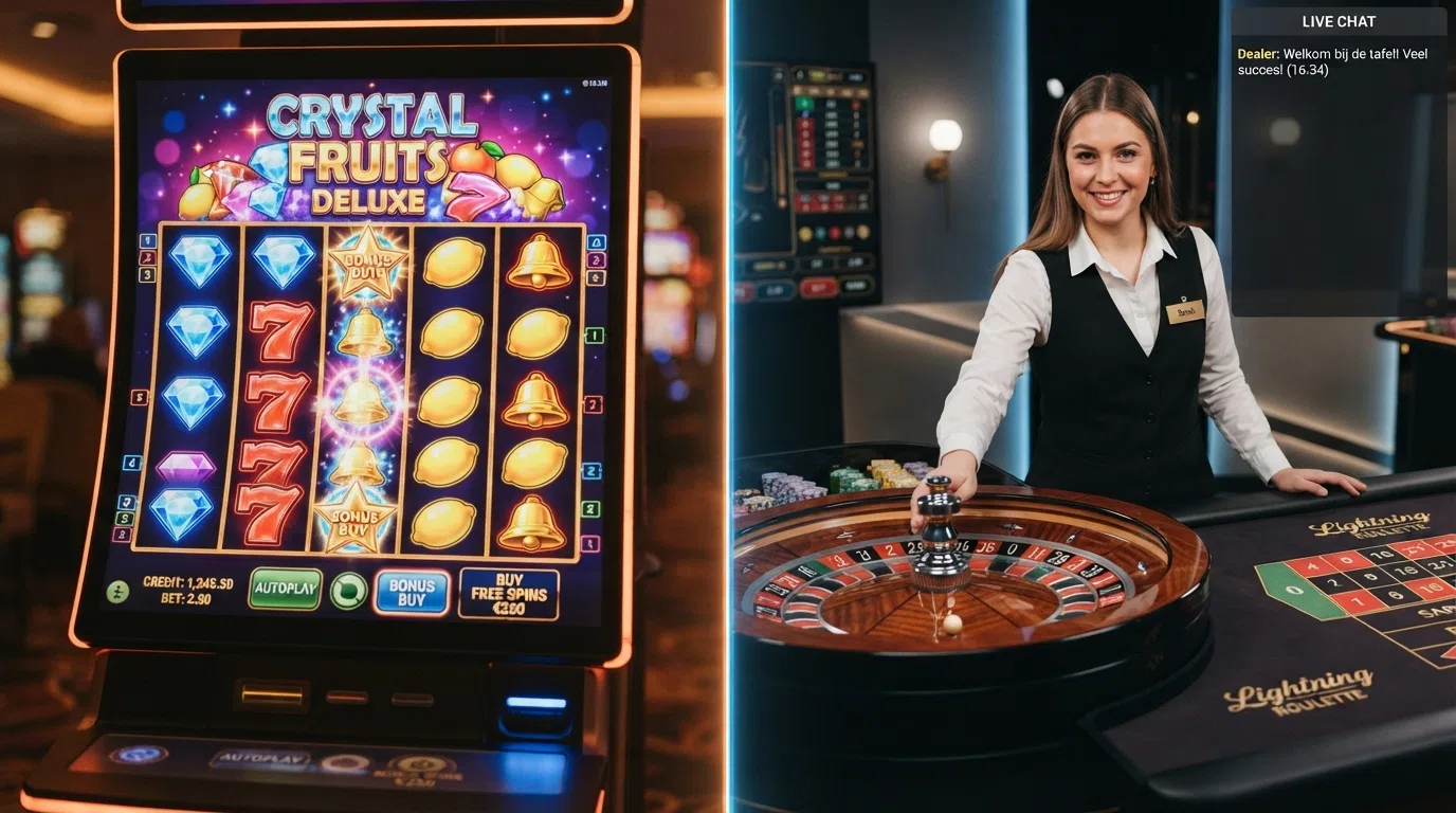 Een split-screen met links een kleurrijke slot met autoplay-knop en bonus-buy-optie, rechts een live-dealertafel met roulettewiel en chatvenster