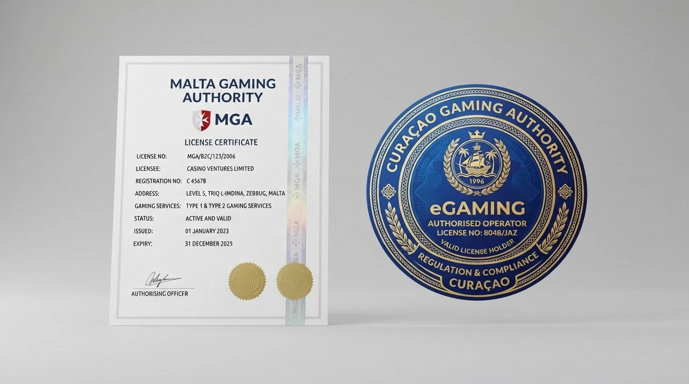 Een close-up van een MGA-licentiecertificaat en een Curaçao eGaming-keurmerk naast een Nederlandse wetstekst van de Wet Kansspelen op Afstand