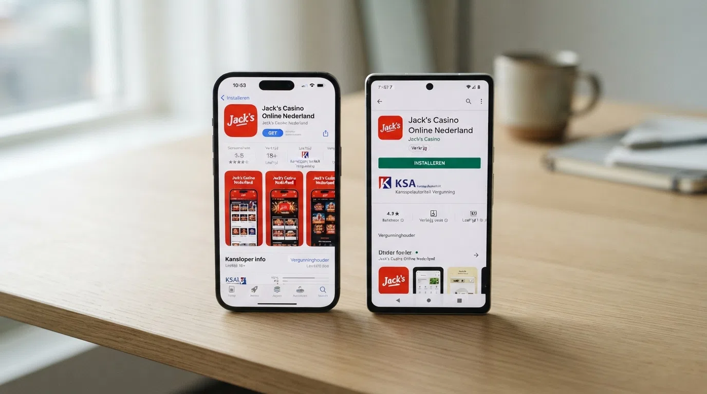 Een iPhone en een Android-toestel naast elkaar, beide met het installatiescherm van een Nederlandse casino app in de App Store en Google Play