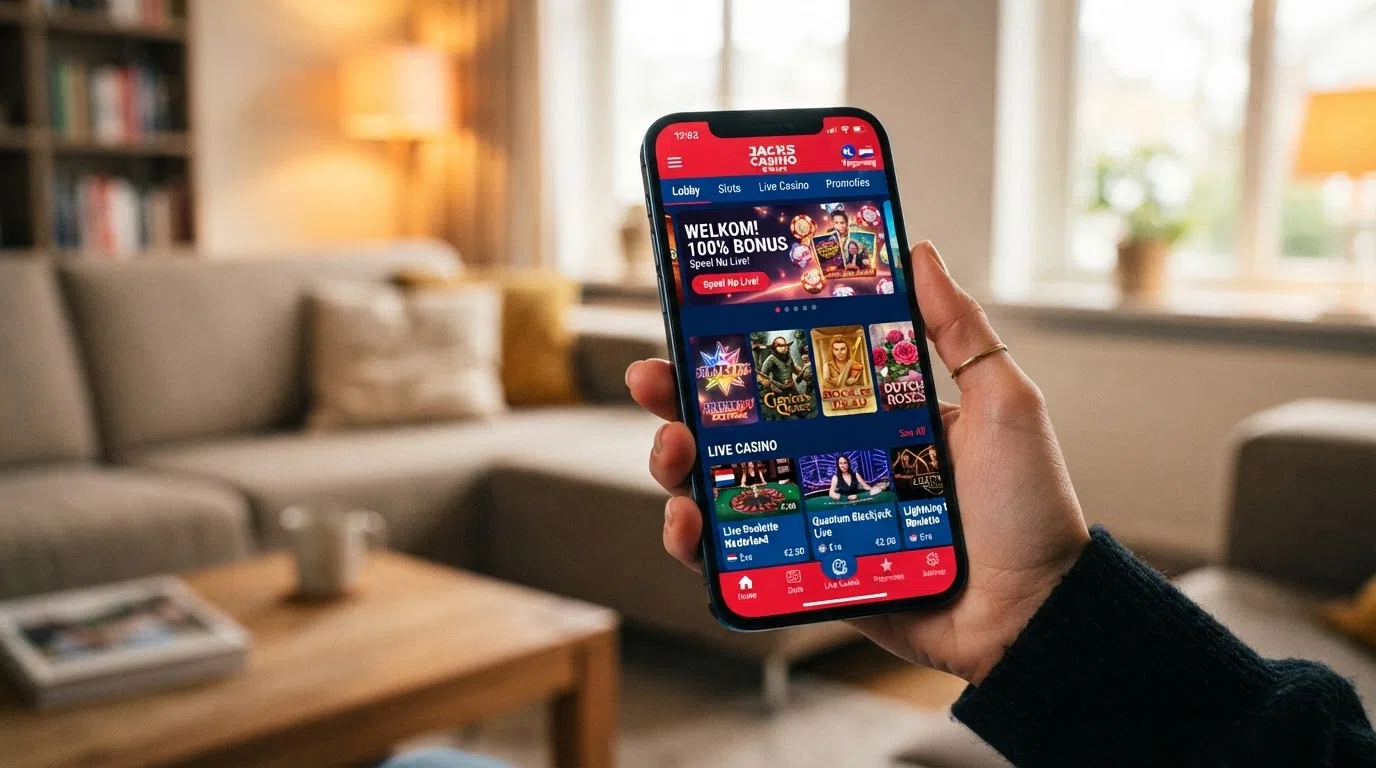 Het spellobby-scherm van een Nederlandse casino app met tegels voor slots, live roulette en blackjack