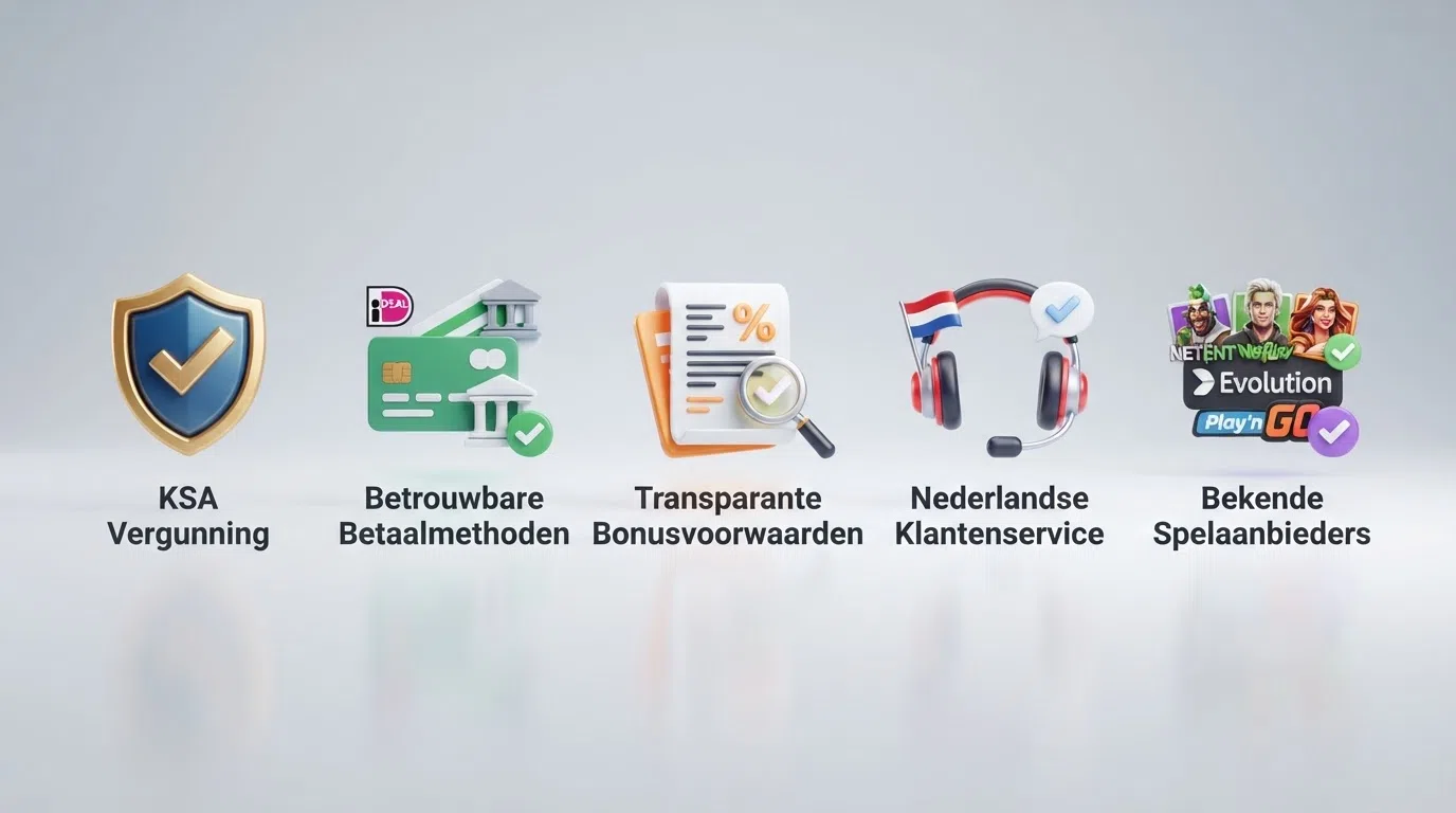 Een visuele checklist met de vijf keuzecriteria: KSA-vergunning, iDEAL-beschikbaarheid, transparante bonusvoorwaarden, Nederlandstalige klantenservice en bekende spelproviders