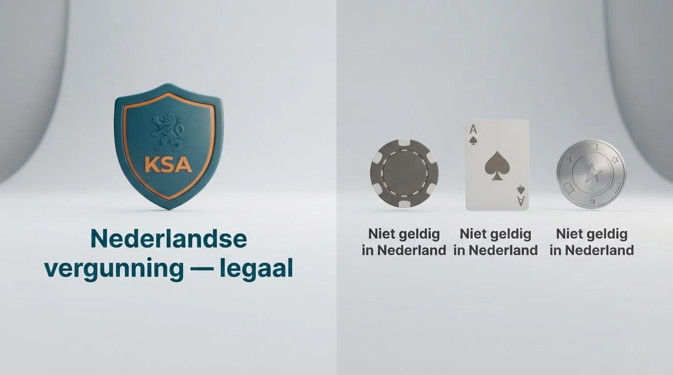 Een overzichtelijke vergelijking: links het KSA-logo met 'Nederlandse vergunning — legaal', rechts drie buitenlandse vergunningslogo's (Curaçao, MGA, Anjouan) met 'Niet geldig in Nederland'