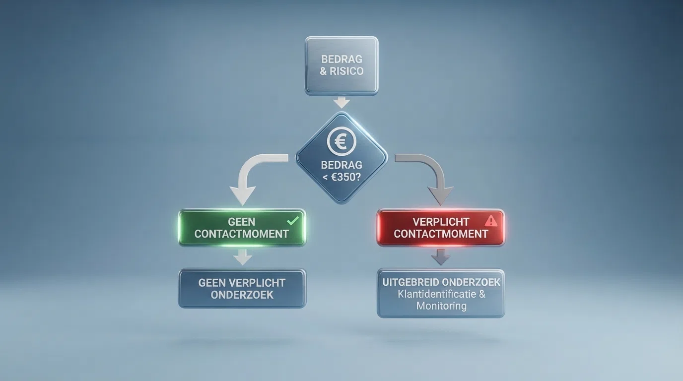 Een schematische weergave van de twee routes: een pijl onder de €350 met “geen contactmoment” en een pijl erboven met “verplicht contactmoment”, met de exacte bedragen €350 en €150 vermeld
