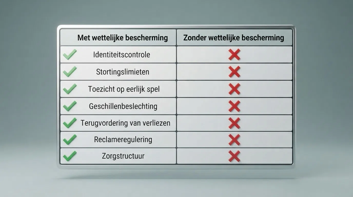 Een overzichtelijke vergelijkingstabel die de beschermingsverschillen toont tussen een KSA-vergund casino en een illegaal buitenlands casino