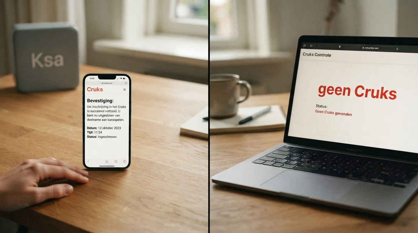 Een split-screen: links een telefoon met Cruks-bevestigingsscherm en Ksa-logo, rechts een grijze site zonder keurmerken met de tekst “geen Cruks” in rood