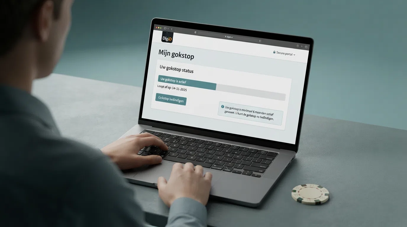 Een gestileerde weergave van het Mijn Cruks-dashboard na DigiD-login: een scherm met statusbalk 'Uw gokstop is actief', resterende duur en een knop 'Gokstop beëindigen'.