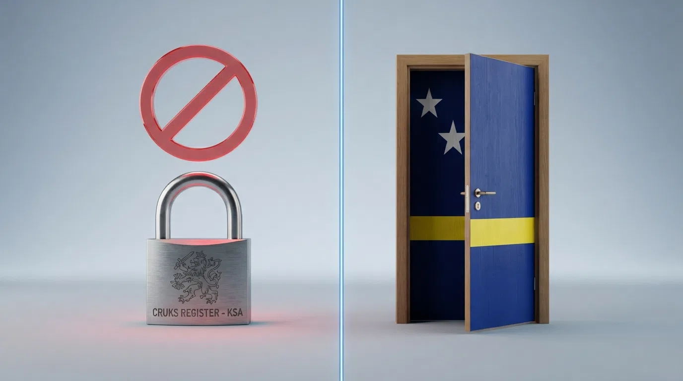 Een schematische vergelijking tussen het Nederlandse CRUKS-register (KSA-wapen, slot met stopteken) en een buitenlandse licentie (Curaçao-vlag, opengestoten deur) — geen logo's, puur conceptueel.