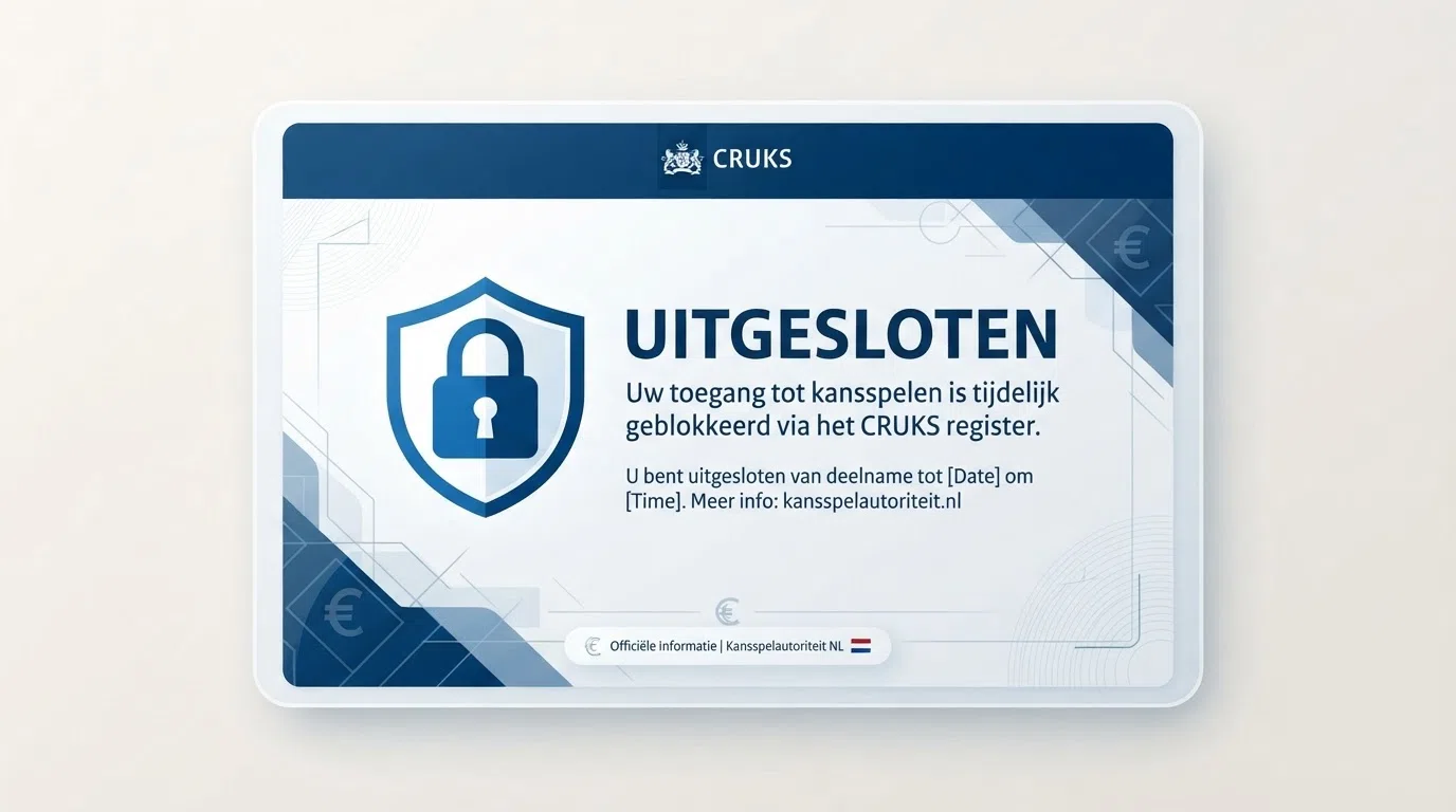 Een Nederlandse waarschuwingsinterface met het CRUKS-logo en een slot dat de tekst 'uitgesloten' toont naast een vergrendelde accountpagina