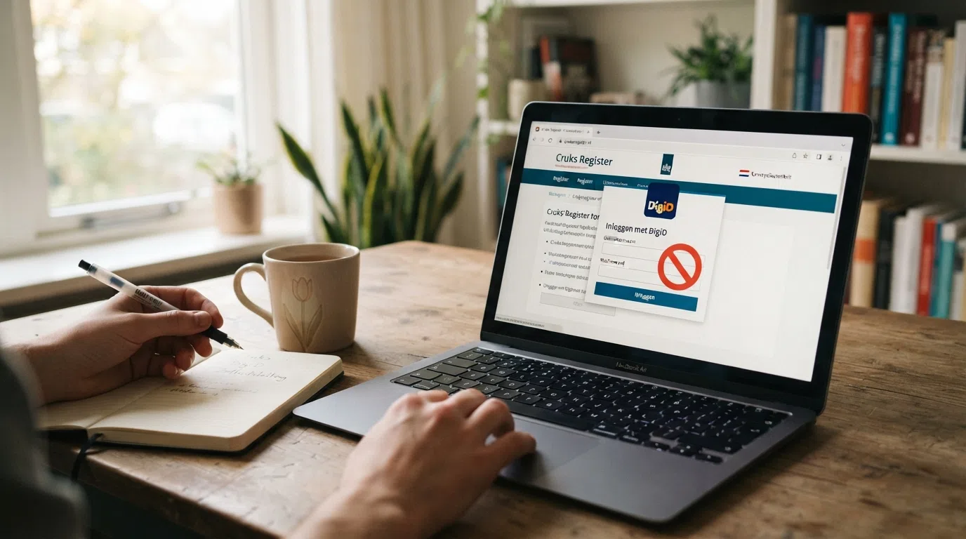 Het Cruks-registratiescherm op cruksregister.nl met het DigiD-inlogvenster en een rood stopsymbool, weergegeven op een laptop.