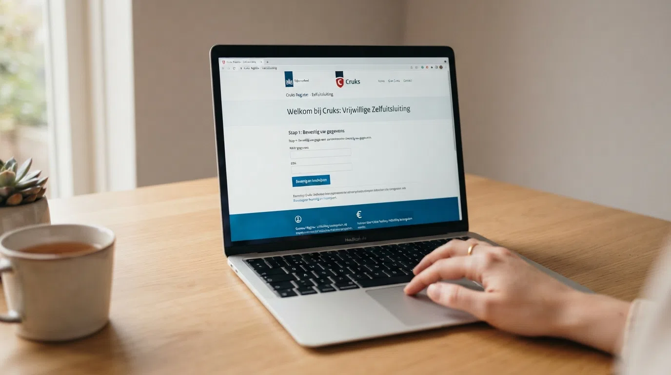 De website van Cruks op een laptopscherm, met het inschrijfformulier voor vrijwillige uitsluiting duidelijk zichtbaar