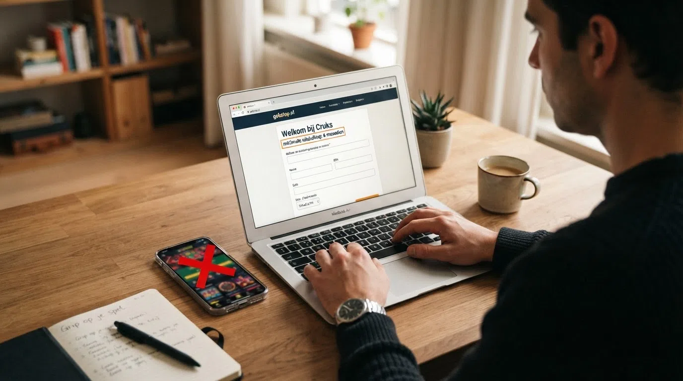 Een gedeeltelijk vervaagd scherm met het Cruks-inschrijfformulier op gokstop.nl, met de tekst minimale uitsluiting: 6 maanden zichtbaar, ernaast een rood kruis door een casino-interface zonder verificatie