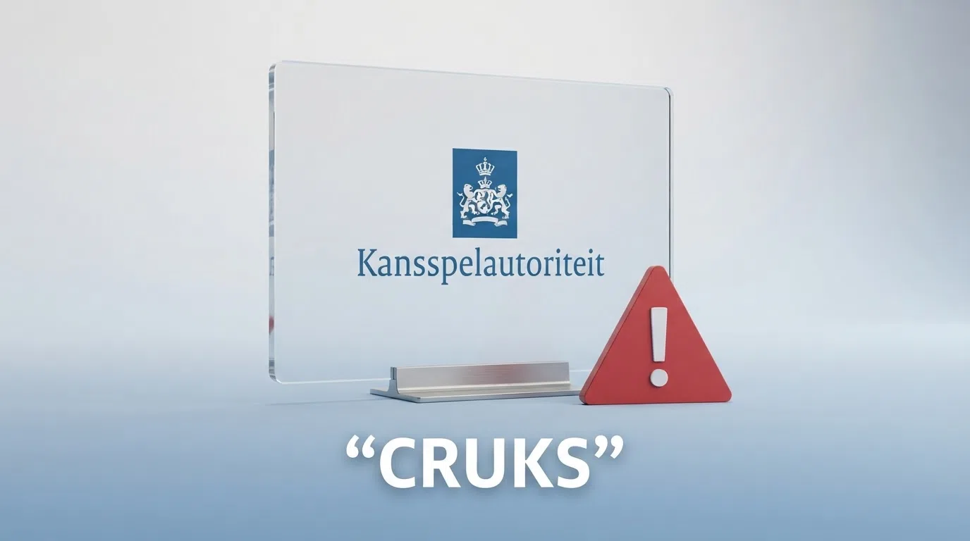 Het logo van de Kansspelautoriteit naast een waarschuwingssymbool en de tekst “CRUKS” op een scherm