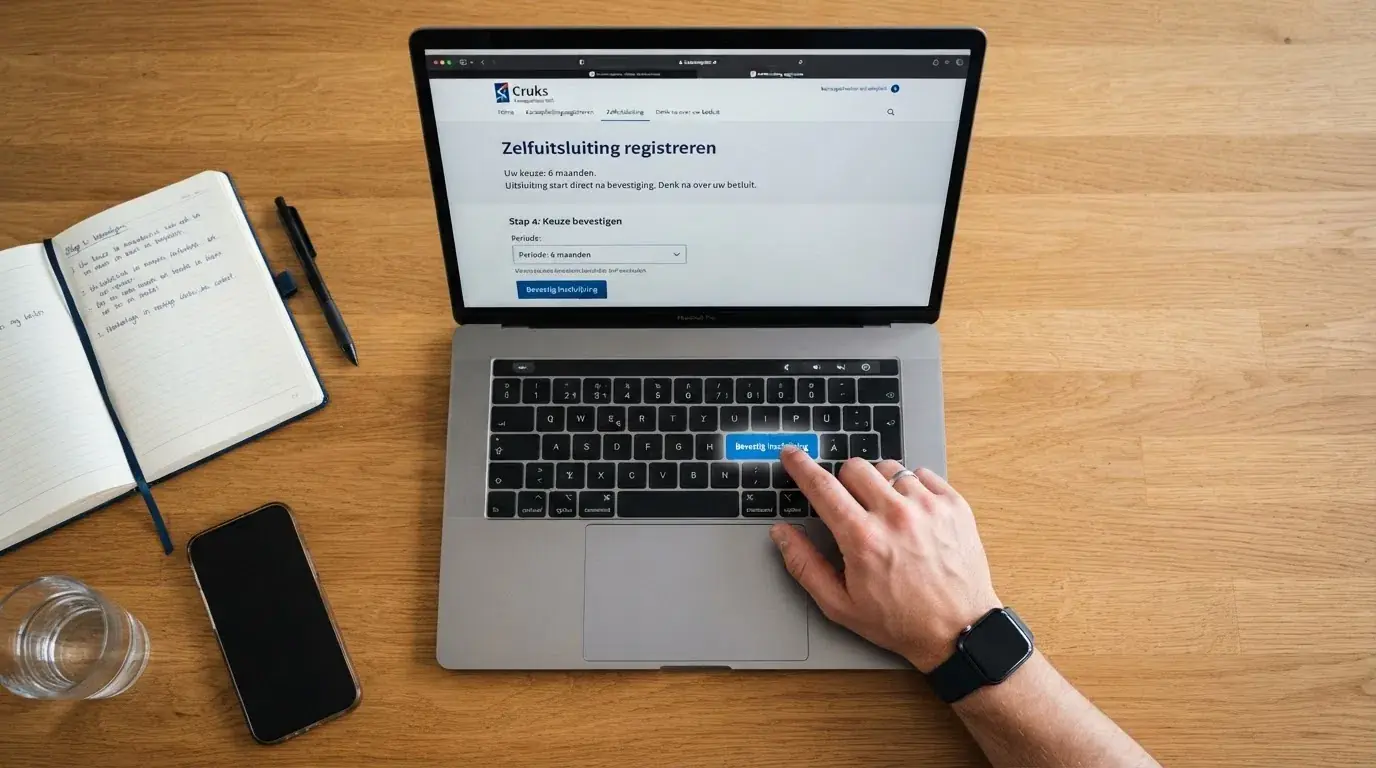 Het registratieformulier voor zelfuitsluiting op de Cruks-website, met de keuze voor een uitsluitingsperiode van minimaal zes maanden zichtbaar in het scherm