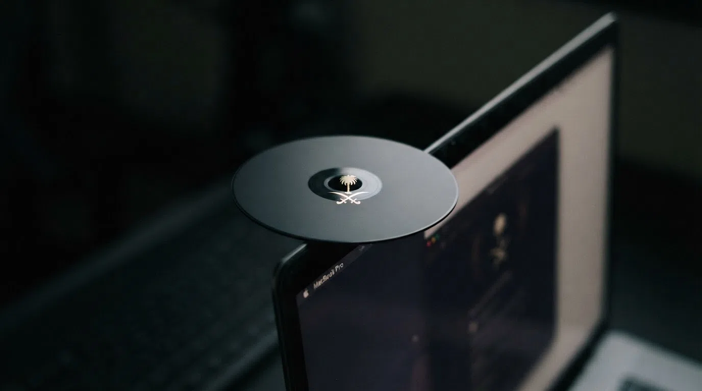 Een Bitcoin-munt die balanceert op de rand van een donker computerscherm, met in de weerspiegeling een geblokkeerd KSA-logo.