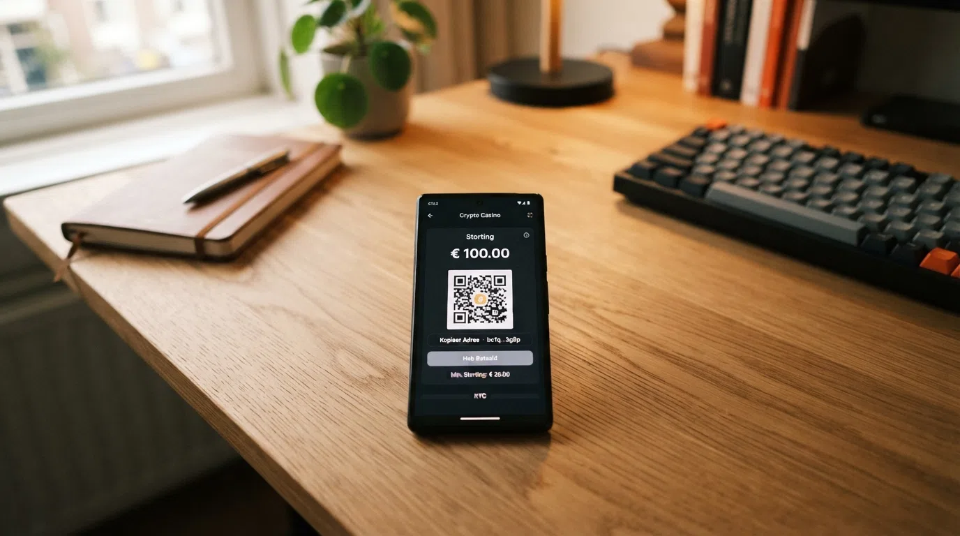 Een interface van een crypto-casino die een Bitcoin-storting toont met een QR-code en wallet-adres, zonder enige identiteitscontrole in beeld