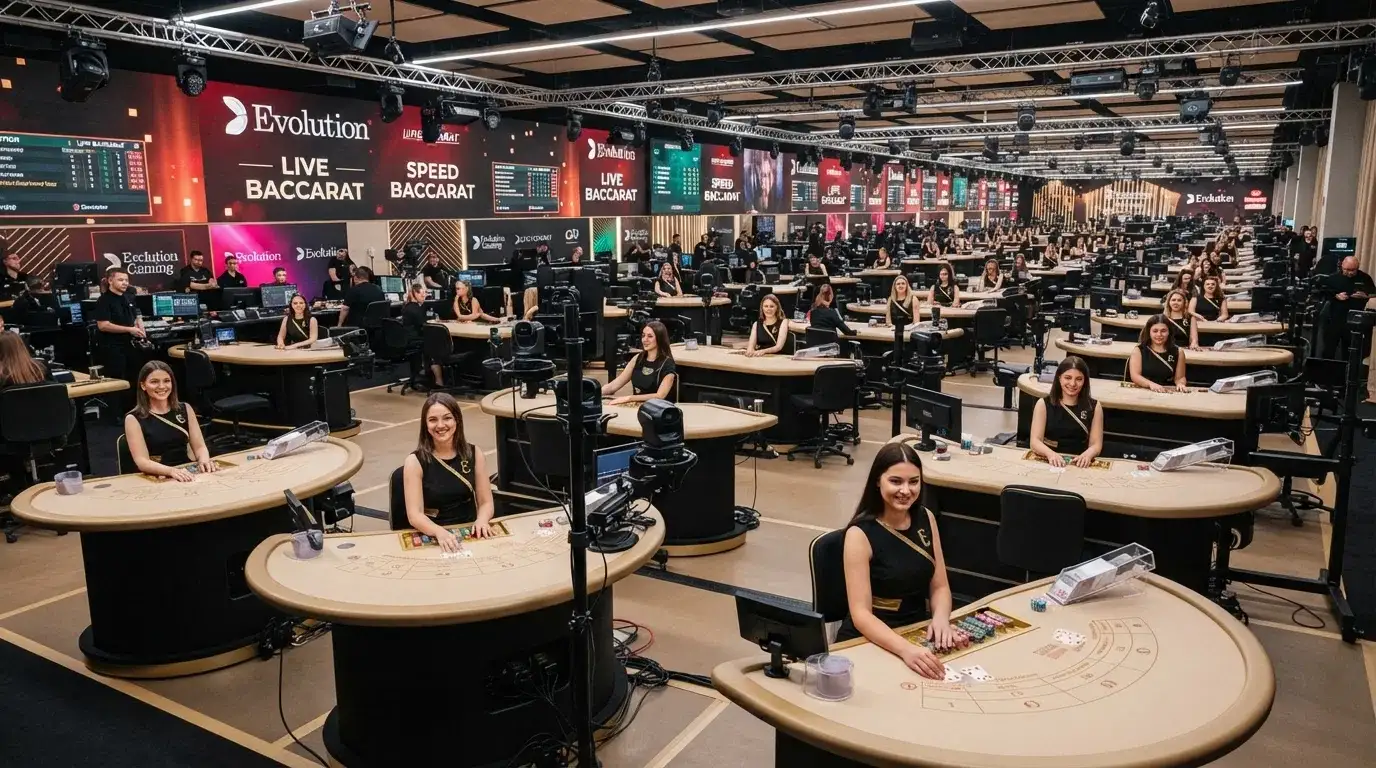 Een breedbeeldopname van een Evolution Gaming live studio met meerdere baccarat-tafels, dealers in beeld en camerastellingen rond elke tafel