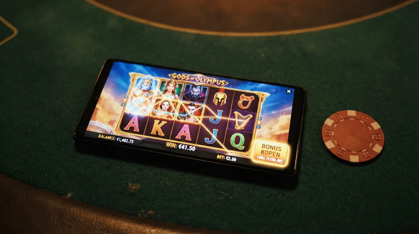 Screenshot van de Gates of Olympus slot met de bonus buy-interface in beeld, inclusief het aankoopbedrag en de slotnaam