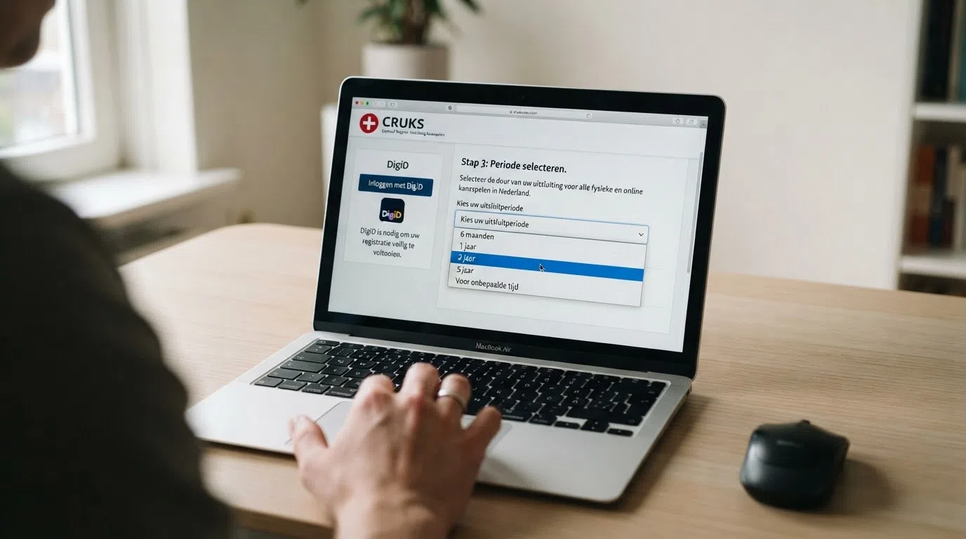 Een stap-voor-stap-weergave van het DigiD-aanmeldscherm voor Cruks, met de keuzetermijnen voor de uitsluitingsduur.