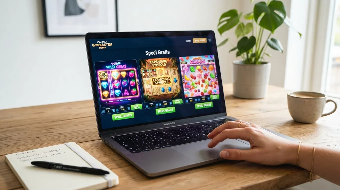 Een laptopscherm met daarop drie bekende slots — Starburst, Book of Dead en Sweet Bonanza — in demo-modus, met het 'speel gratis'-label zichtbaar.