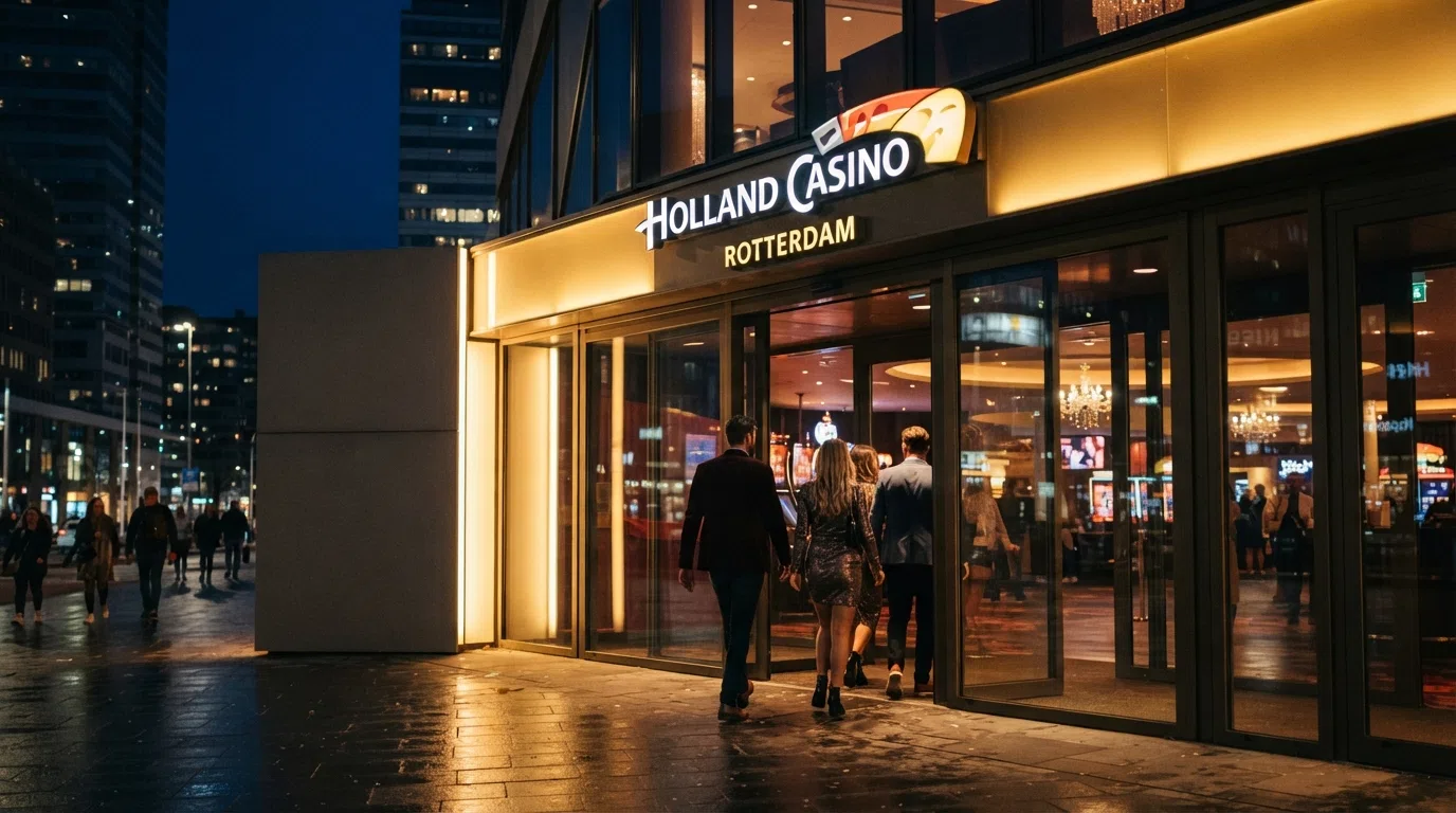 De entree van Holland Casino Rotterdam 's avonds verlicht, met bezoekers die naar binnen gaan