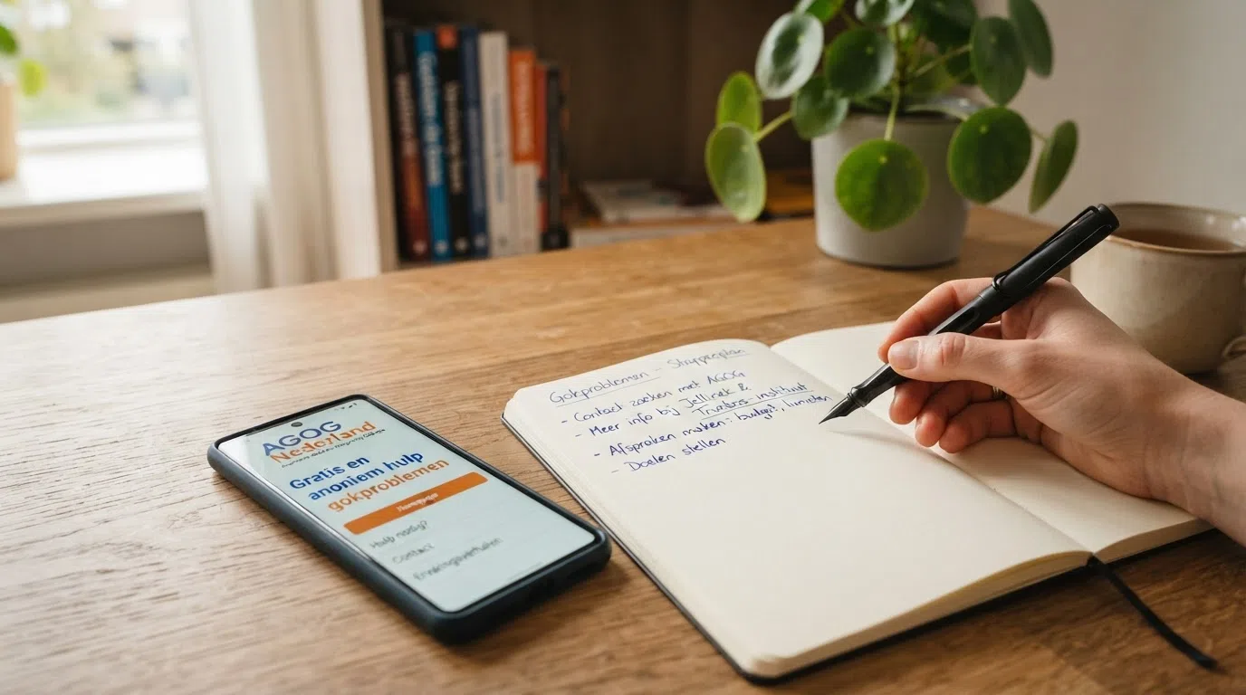 Overzicht van de drie belangrijkste Nederlandse hulporganisaties voor gokproblemen: AGOG, Jellinek en het Trimbos-instituut met hun logo's en contactgegevens