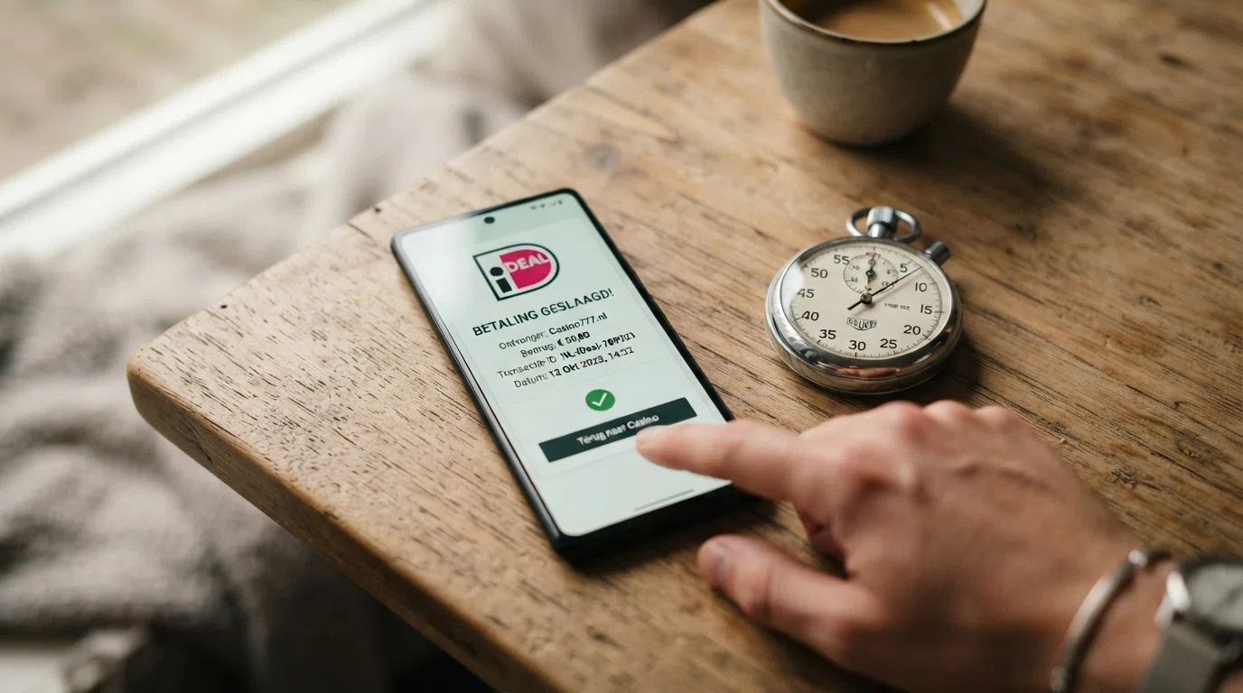 Een smartphone met daarop een iDEAL-betaalscherm naast een casino-stortingsbevestiging, met een stopwatch als visuele metafoor voor snelheid.