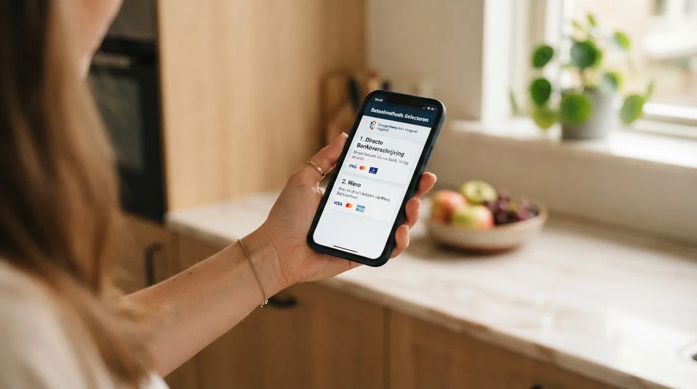 Een mobiel scherm met de betaalopties van een Nederlands online casino, met iDEAL prominent bovenaan