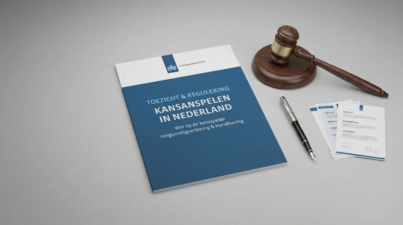 Het logo van de Kansspelautoriteit op een officieel document of gebouw, met een rapport of sanctiebesluit ernaast