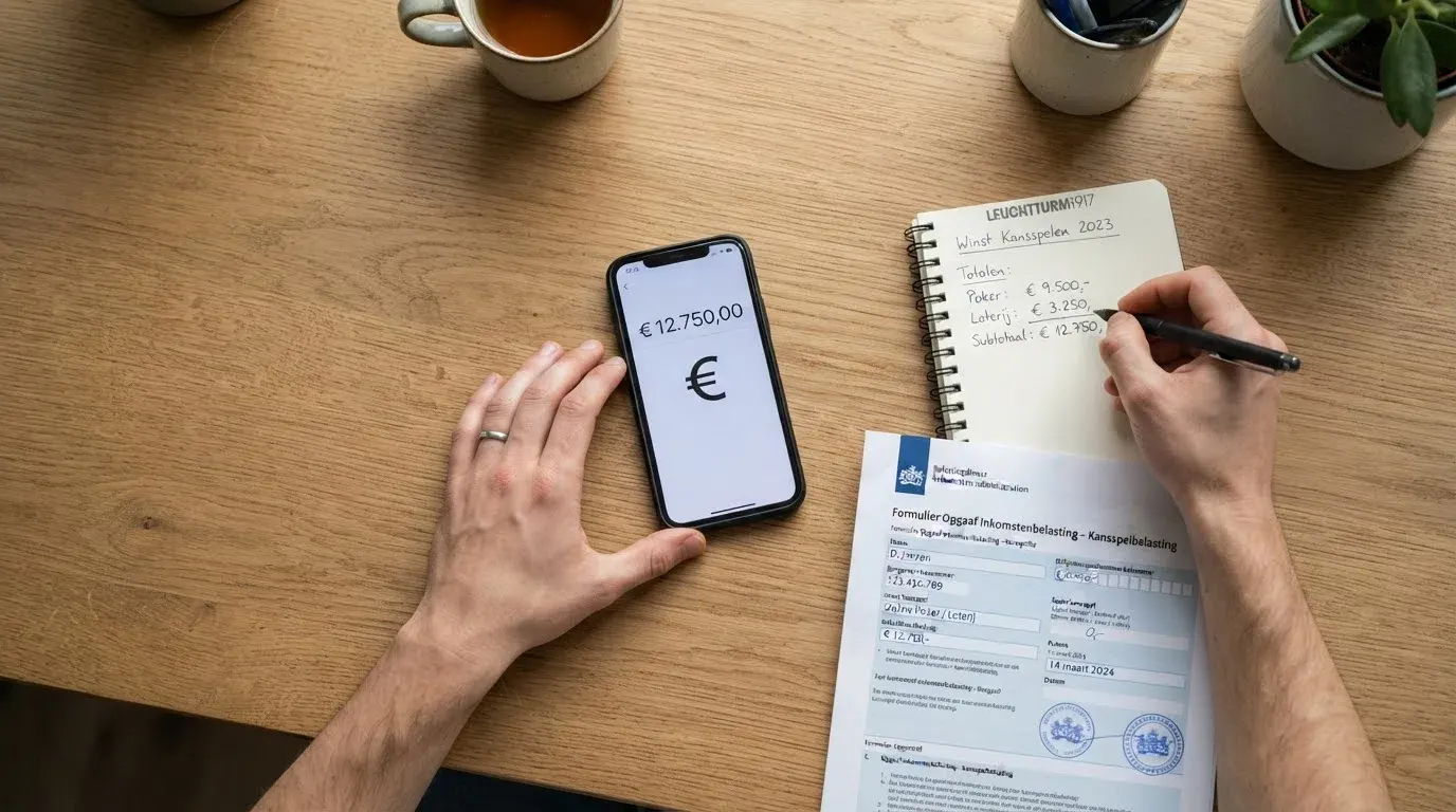 Een rekenvoorbeeld met een rekenmachine, een Belastingdienst-formulier en het telefoonnummer van Loket Kansspel